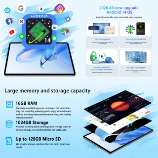 Планшет Android 14 (2026 г.), 10,1 дюйма, 16 ГБ ОЗУ, 1 ТБ ПЗУ, Wi-Fi 5, Type-C, HD IPS-дисплей, две SIM-карты, 5G, со стилусом и клавиатурой