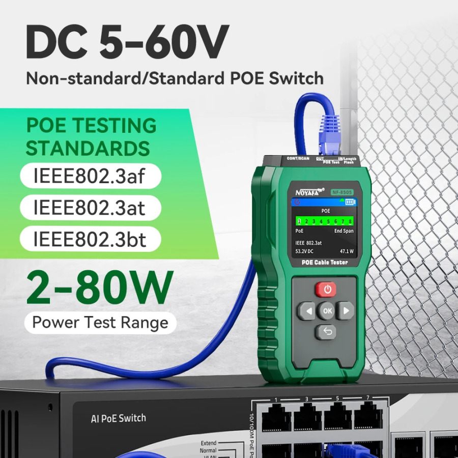 Тестер сетевых кабелей NOYAFA NF-8505, трассировщик PoE Ethernet-кабелей, тестер напряжения и мощности PoE-коммутаторов, измеритель расстояния до неисправностей