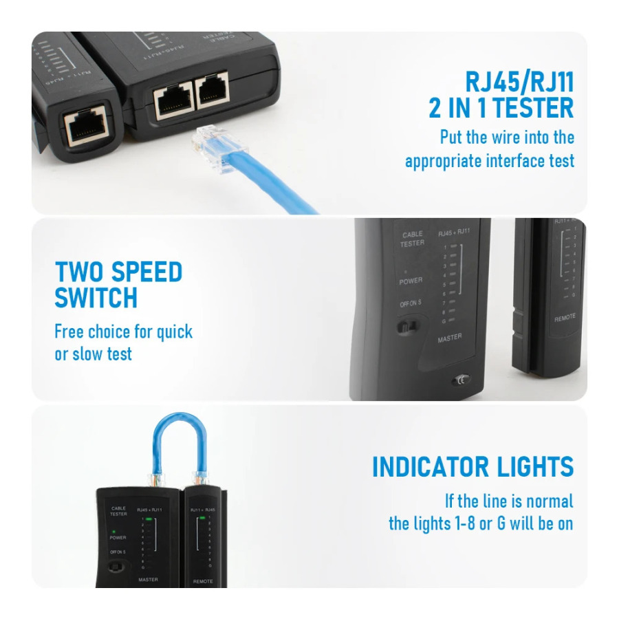 Тестер Сетевых Кабелей Для RJ11, RJ12, LAN, RJ45, Cat5, Cat5e, Cat6, Cat6a, Cat7, UTP/STP, С Поддержкой Телефонных Кабелей RJ11