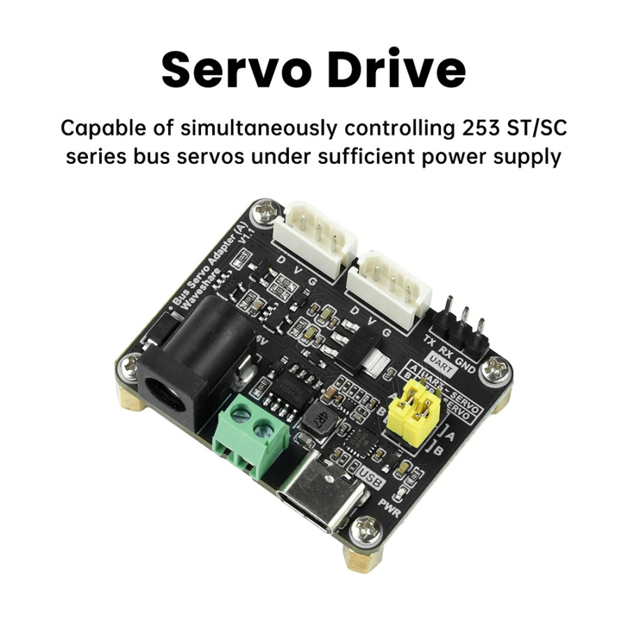 Servo avtobus servo platasi ST/SC seriyali Raspberry Pi robotlari uchun servo quvvat manbai va servo kontrollerni birlashtiradi.