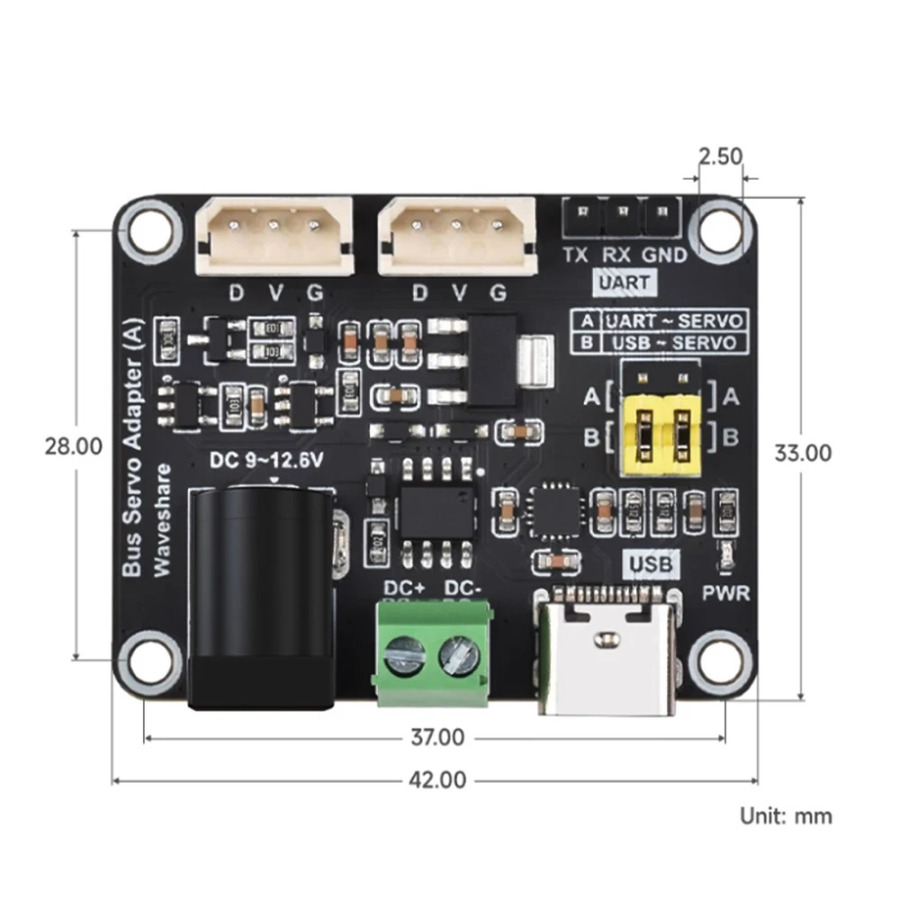Servo avtobus servo platasi ST/SC seriyali Raspberry Pi robotlari uchun servo quvvat manbai va servo kontrollerni birlashtiradi.