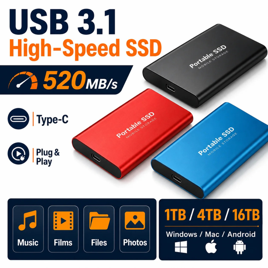 Kompyuter/MAC/noutbuk/telefon uchun tashqi qattiq holatdagi yangi 1TB portativ SSD 2TB yuqori sigʻimli HDD USB3.1 tashqi qattiq disk