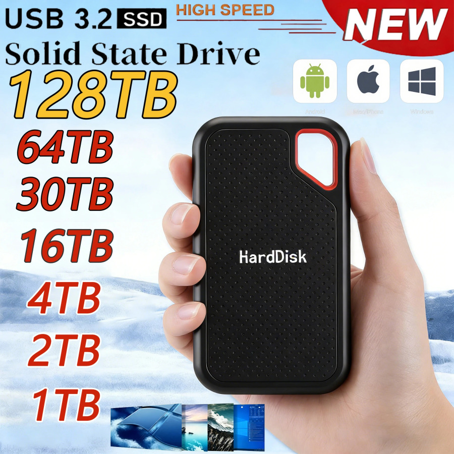 Внешний мини-накопитель 2 ТБ, 4 ТБ, SSD большой емкости 128 ТБ, USB 3.2, Plug and Play, твердотельные накопители для ноутбуков/MAC/ПК