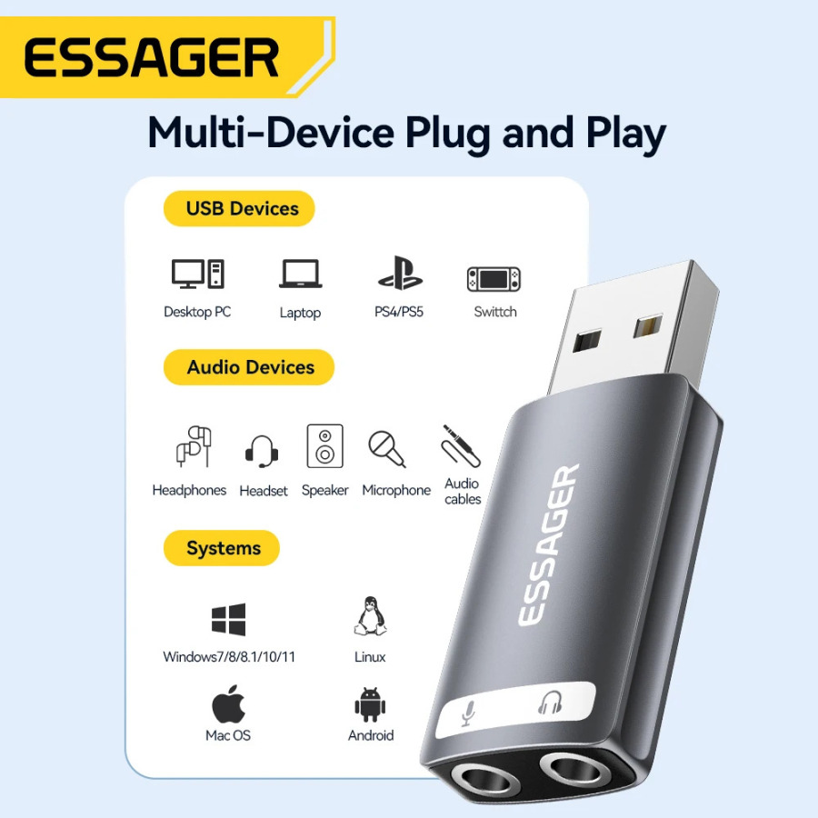 Essager внешняя звуковая карта USB для разъема для наушников с микрофоном 3,5 мм, стереогарнитура, аудио адаптер для микрофона, интерфейс динамика для ноутбука