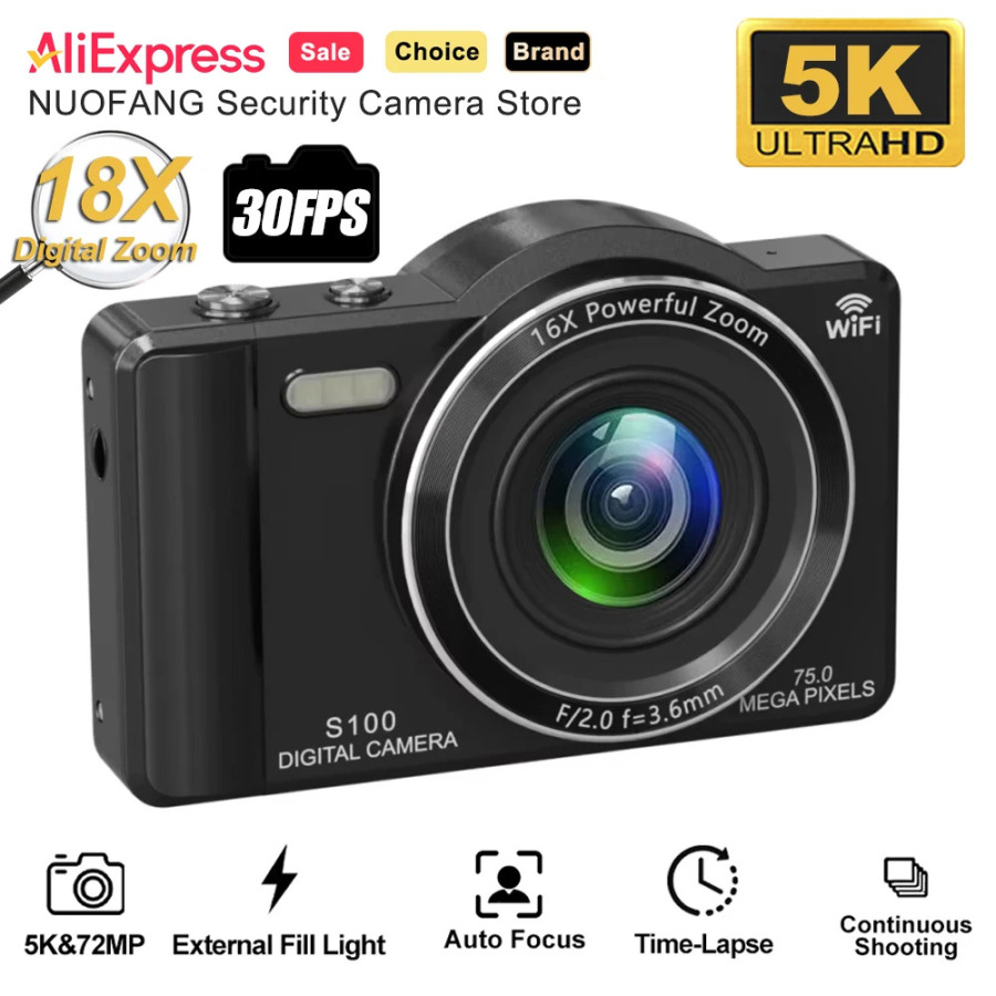 Цифровая фотокамера 5K 75 МП с 18-кратным цифровым зумом, винтажный видеорегистратор, Wi-Fi веб-камера для портативной съемки, для путешествий и видеоблогов