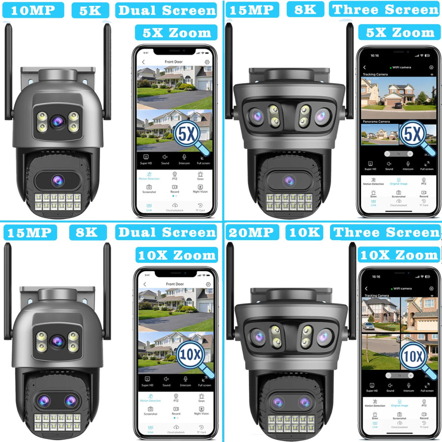 20MP tashqi Wi-Fi kamerasi 10K HD uch tomonlama linzali xavfsizlik 5G PTZ IP kamerasi 10x raqamli kattalashtirish linzali AI inson kuzatuv kamerasi, avtomatik aniqlash