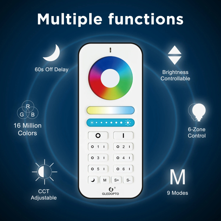 G LED OPTO Smart Home 2.4G RGBCCT 6 zonali guruh boshqaruvi RF masofadan boshqarish pulti Pro Series RGBCCT Control bilan ishlash; Lampochka bilan LED chiroq
