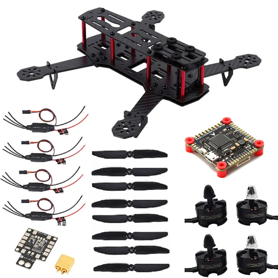 QAV250 250 mm karbonli tolali kvadrokopter, MT2204 2300KV dvigatel, 12A ESC, FV3S parvoz boshqaruvchisi va Flysky FS-i6 IA6B toʻplami
