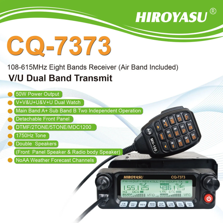 HIROYASU CQ-7373 Рация 50 Вт 1000Ch Air Band Восемь полос Rx V.U Двухдиапазонная Tx Съемная передняя панель Аматорская мобильная радиостанция