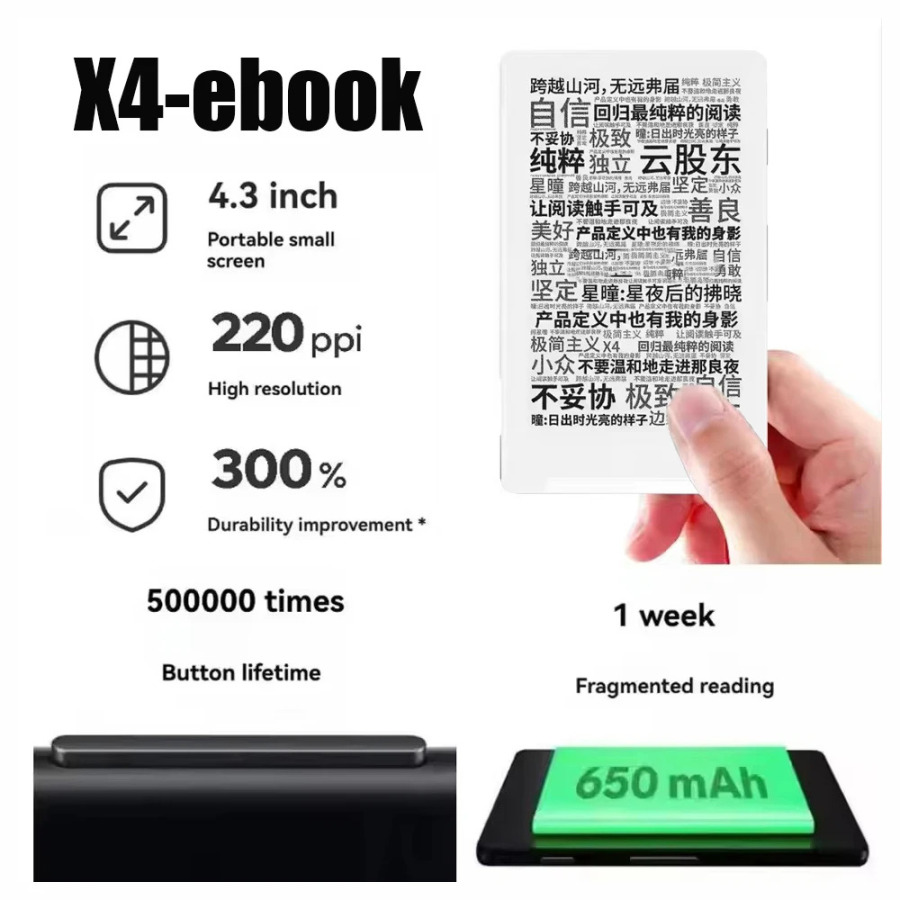 Электронная книга X4 с экраном E-Ink 4,3 дюйма, магнитная, легкая, 220ppi, портативная, миниатюрная, ультратонкая, 650 мАч, подарок