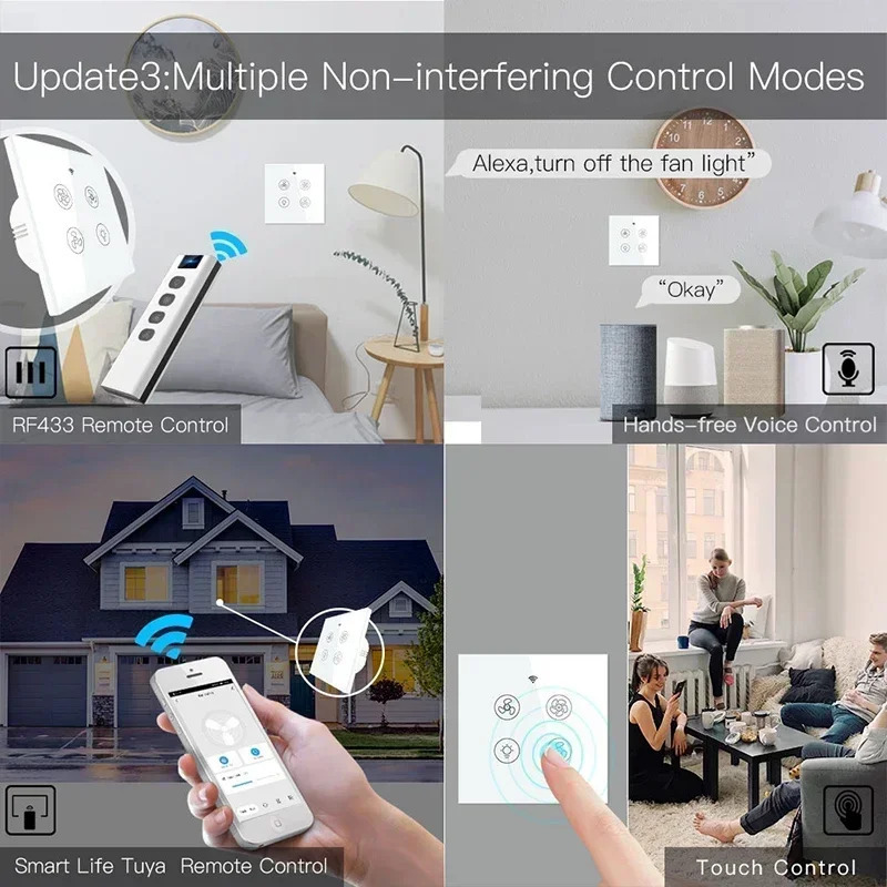 Smart Life WiFi RF Потолочный вентилятор Свет Настенный выключатель Умный пульт дистанционного управления Различное управление скоростью работает с Tuya Alexa Echo Google Home