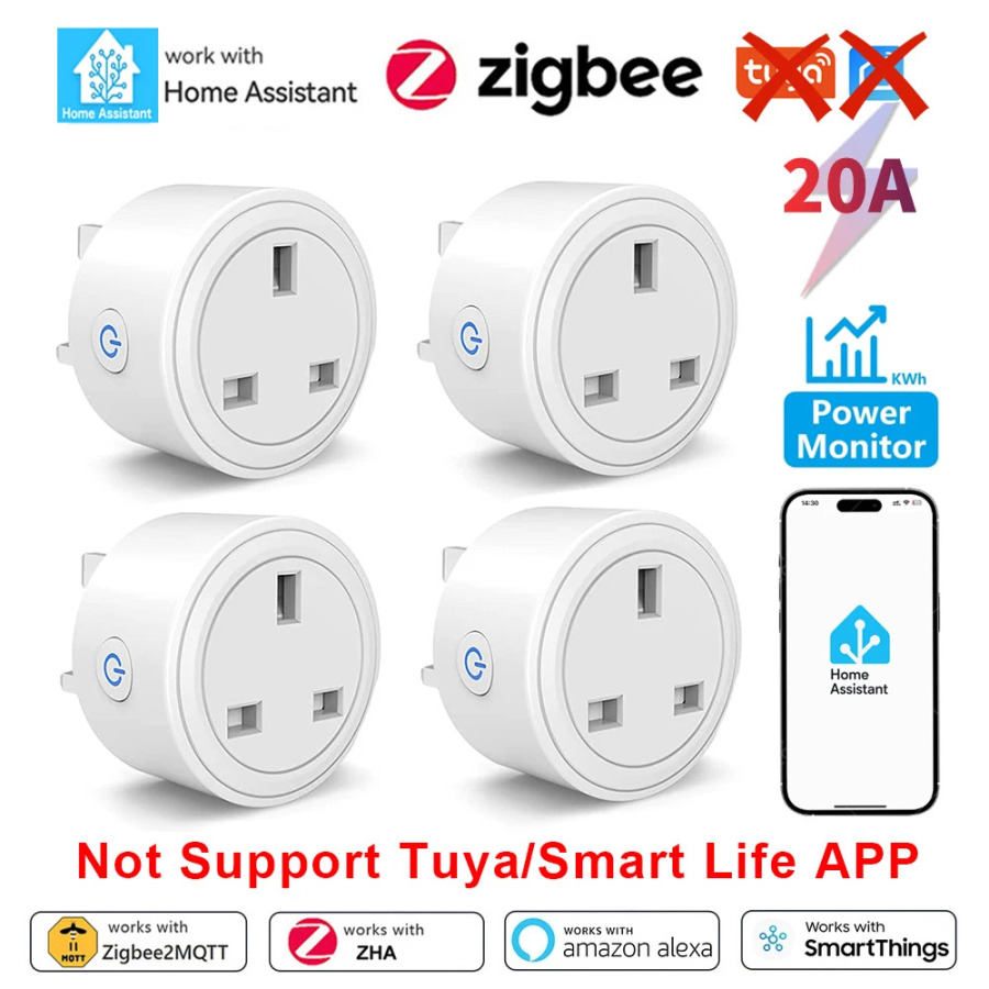 Умная розетка Zigbee 20A для Home Assistant, британская вилка, с функцией мониторинга энергопотребления, управление через приложение, совместимость с Alexa Z2M