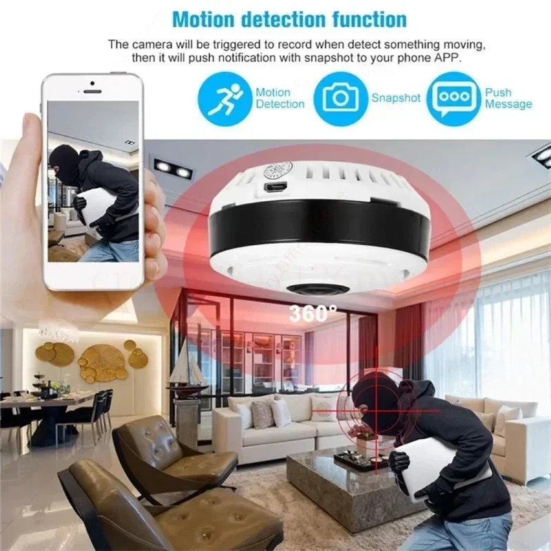 Небольшая камера наблюдения Wi-Fi 360° °   Панорамный вид, двусторонние голосовые IP-видеокамеры, 2-мегапиксельная камера видеонаблюдения, защитная камера домашней безопасности