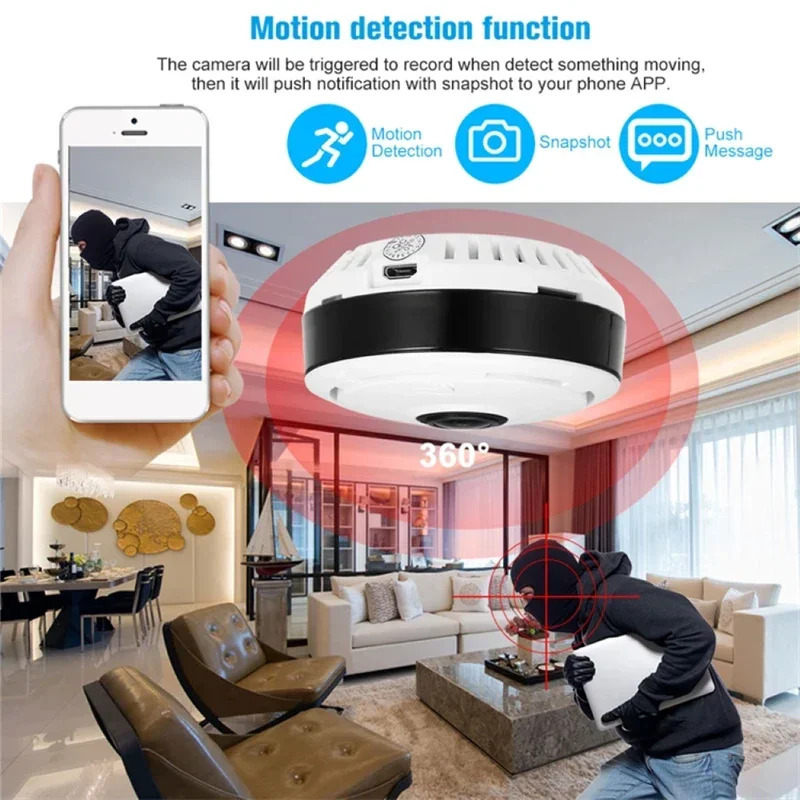 Miniatyura Wi-Fi CCTV kamerasi Panoramik koʻrinishga ega va ikki tomonlama ovozli aloqaga ega 360° IP kameralar, CCTV va uy xavfsizligi uchun 3MP video kameralar