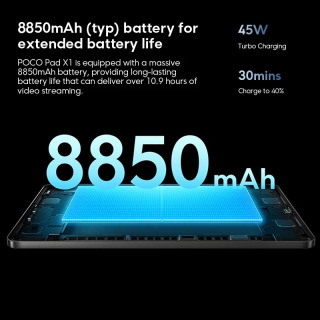 POCO Pad X1 plansheti 11,2 dyuym, 3,2K, 144 Gts, koʻrish qobiliyatini himoya qiluvchi displey, Snapdragon 7 Gen 3, 8 GB operativ xotira, 512 GB xotira, 13 MP kamera, 45 Vt tez zaryadlash, 8850 mA/soat batareya