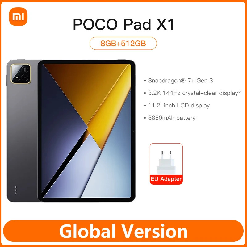 POCO Pad X1 plansheti 11,2 dyuym, 3,2K, 144 Gts, koʻrish qobiliyatini himoya qiluvchi displey, Snapdragon 7 Gen 3, 8 GB operativ xotira, 512 GB xotira, 13 MP kamera, 45 Vt tez zaryadlash, 8850 mA/soat batareya