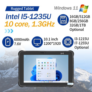 Прочный планшетный ПК 10,1 дюйма, 1920*1200, 500 нит, Intel I5-1235U, Windows 11 Pro, 4G LTE, GPS, 8 ГБ ОЗУ/256 ГБ ПЗУ, 6000 мАч/7,6 В, аккумулятор