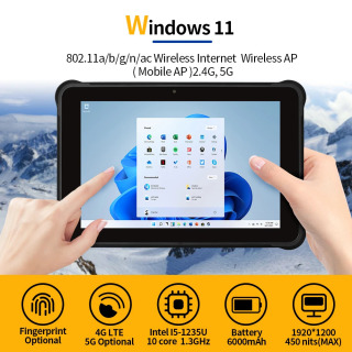 Прочный планшетный ПК 10,1 дюйма, 1920*1200, 500 нит, Intel I5-1235U, Windows 11 Pro, 4G LTE, GPS, 8 ГБ ОЗУ/256 ГБ ПЗУ, 6000 мАч/7,6 В, аккумулятор