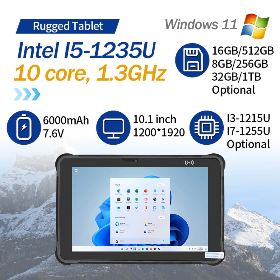 Прочный планшетный ПК 10,1 дюйма, 1920*1200, 500 нит, Intel I5-1235U, Windows 11 Pro, 4G LTE, GPS, 8 ГБ ОЗУ/256 ГБ ПЗУ, 6000 мАч/7,6 В, аккумулятор