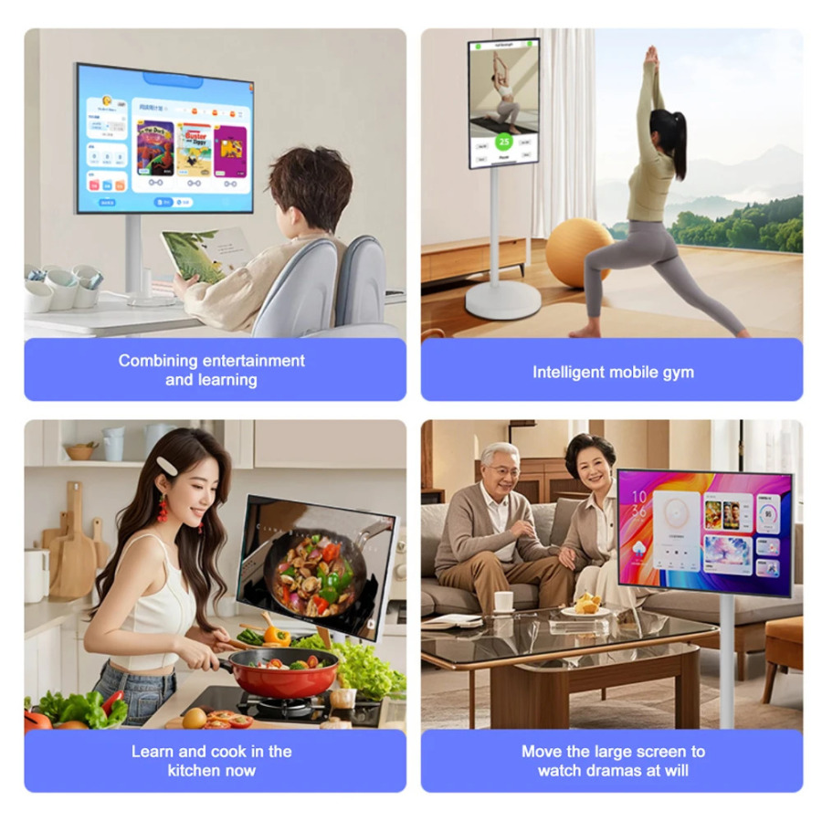 Mahalliy Portativ Smart televizorlar 21,5/23,8/27/32 dyuymli Android LED LCD displey Oʻrnatilgan batareyali kamera Sensorli ekranli gʻildiraklar Oq