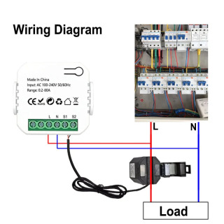 Умный цифровой счетчик электроэнергии Wi-Fi 80А с датчиком тока (CT Clamp Sensor), мониторинг потребления энергии в реальном времени через приложение, AC100-240В, совместим с Tuya