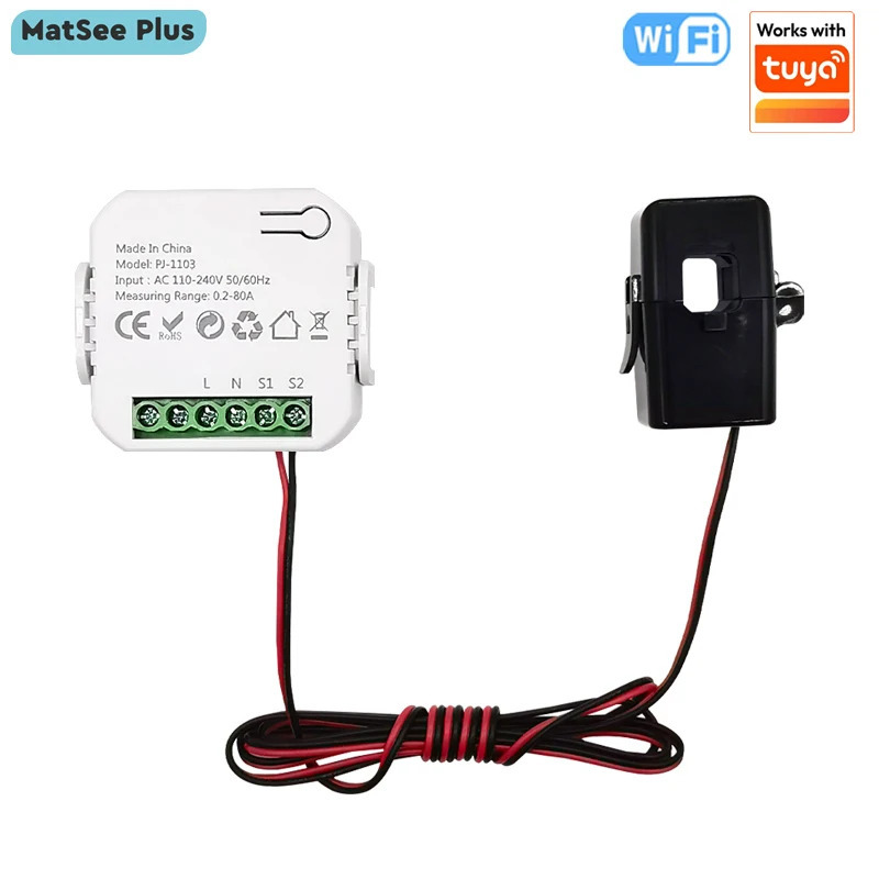 Умный цифровой счетчик электроэнергии Wi-Fi 80А с датчиком тока (CT Clamp Sensor), мониторинг потребления энергии в реальном времени через приложение, AC100-240В, совместим с Tuya
