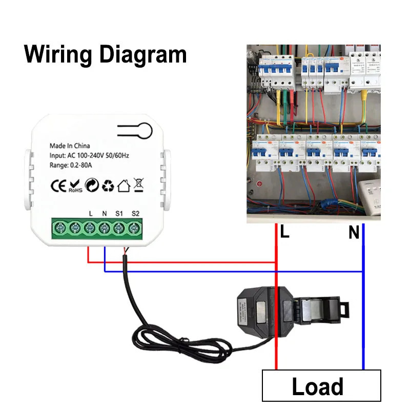Умный цифровой счетчик электроэнергии Wi-Fi 80А с датчиком тока (CT Clamp Sensor), мониторинг потребления энергии в реальном времени через приложение, AC100-240В, совместим с Tuya