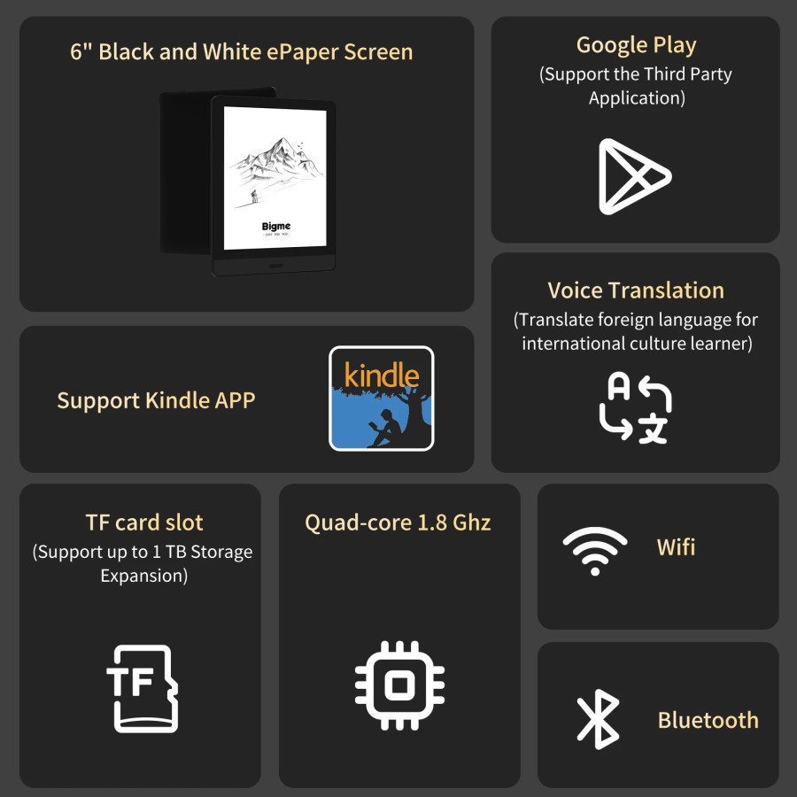 Bigme Read 6 dyuymli elektron kitob oʻquvchi elektron oʻquvchi portativ elektron kitob oʻquvchi ochiq Android tizimini qoʻllab-quvvatlash Google Play va Kindle ilovasi