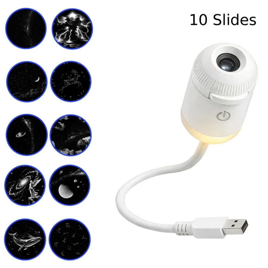 Galaxy uchun ixcham 2-in-1 portativ proyektor va kattalar uchun issiq yorugʻlik tungi chiroq, USB quvvatli, sozlanishi fokusli linzali