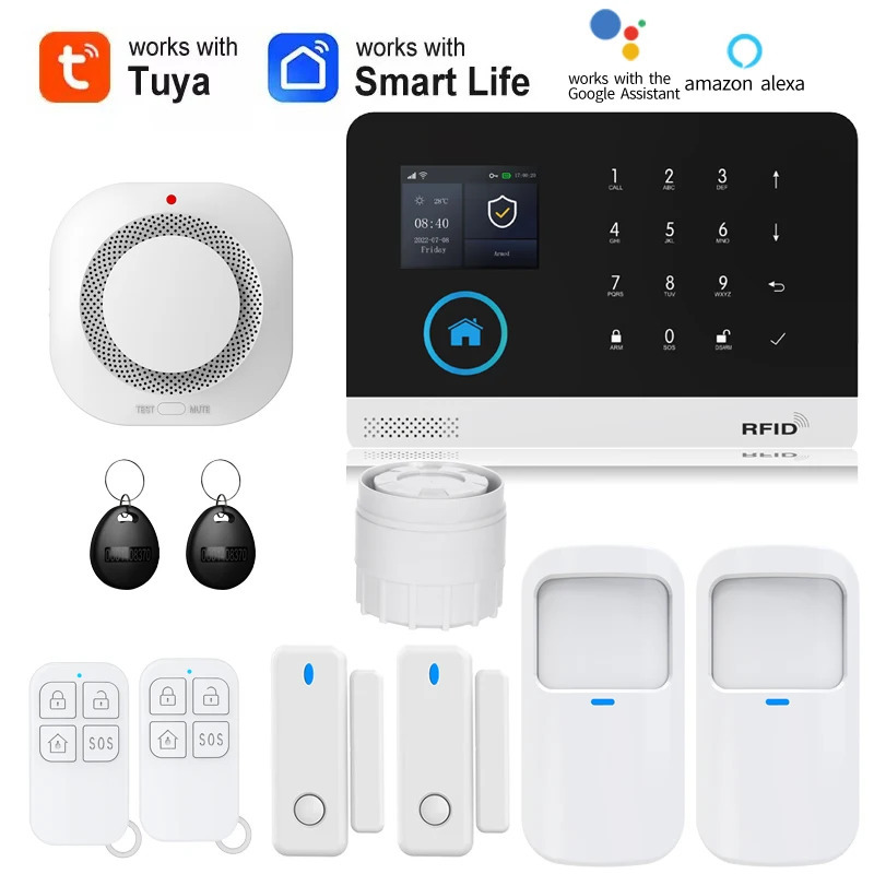 GSM Wi-Fi xavfsizlik signali Alexa Tuya Smart Life uy avtomatlashtirilgan eshik sensori yongʻin tutun signalizatsiyasi xavfsizlik tizimi toʻplami