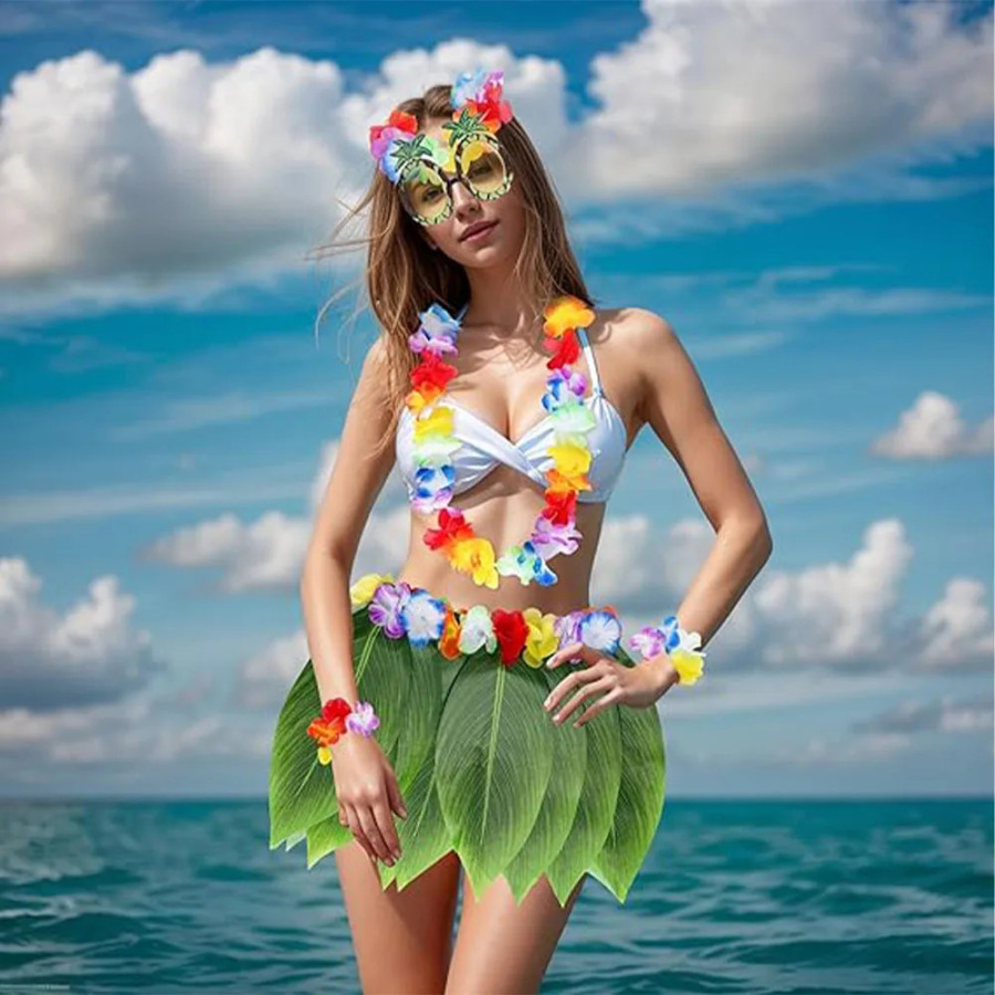 Gavayi partiyasi bezaklari sunʻiy tropik barglar Hula yubka Hibiscus gullari Bolalar uchun kattalar Boho Beach kostyumi Tugʻilgan kun sovgʻalari