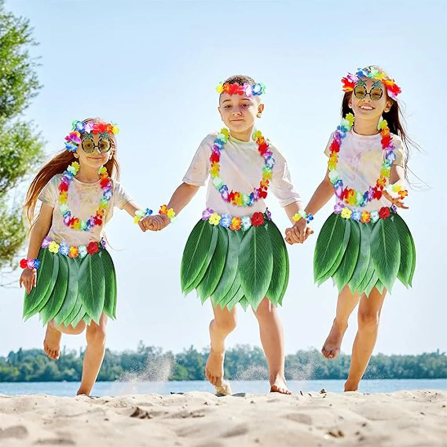 Gavayi partiyasi bezaklari sunʻiy tropik barglar Hula yubka Hibiscus gullari Bolalar uchun kattalar Boho Beach kostyumi Tugʻilgan kun sovgʻalari