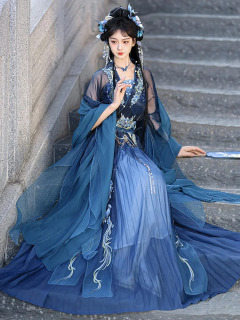 Женская синяя длина груди Hanfu с рюшами и вышивкой с большими рукавами