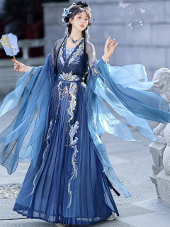 Женская синяя длина груди Hanfu с рюшами и вышивкой с большими рукавами