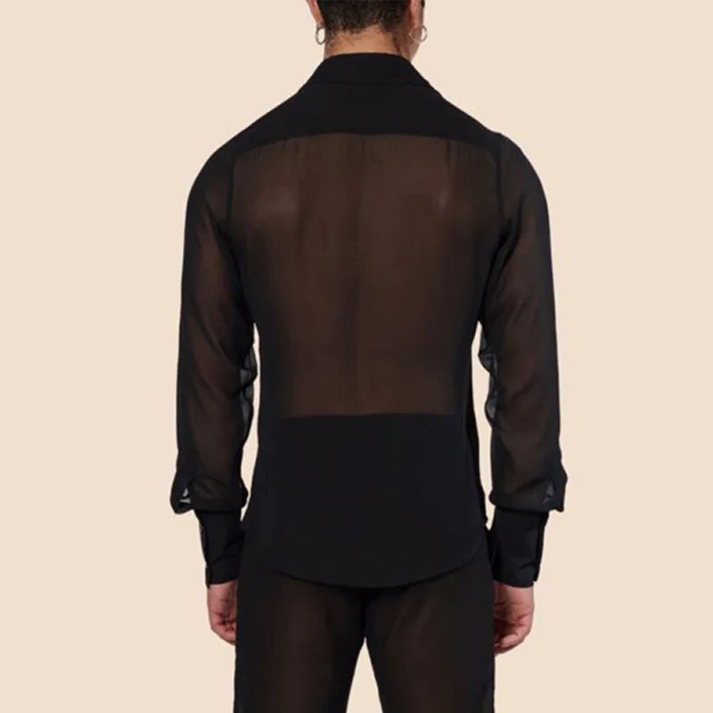 Erkaklar kiyimlari uzun yengli toʻrli shaffof seksi koʻylak Qattiq tugmali Vintage koʻcha kiyimi Retro partiyasi S-3XL